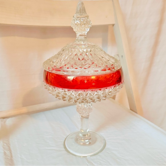 Vintage Indiana Glass Diamond Point Pedestal Candy Dish Ruby Band - Picture 2 of 5